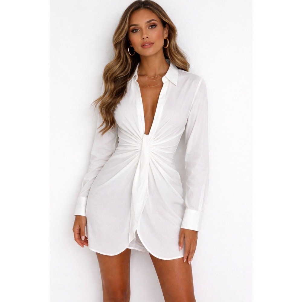 New Choosy St Crosby Plunging Shirt Dress 2 White Sophie‎ Turner Kim Kardashian